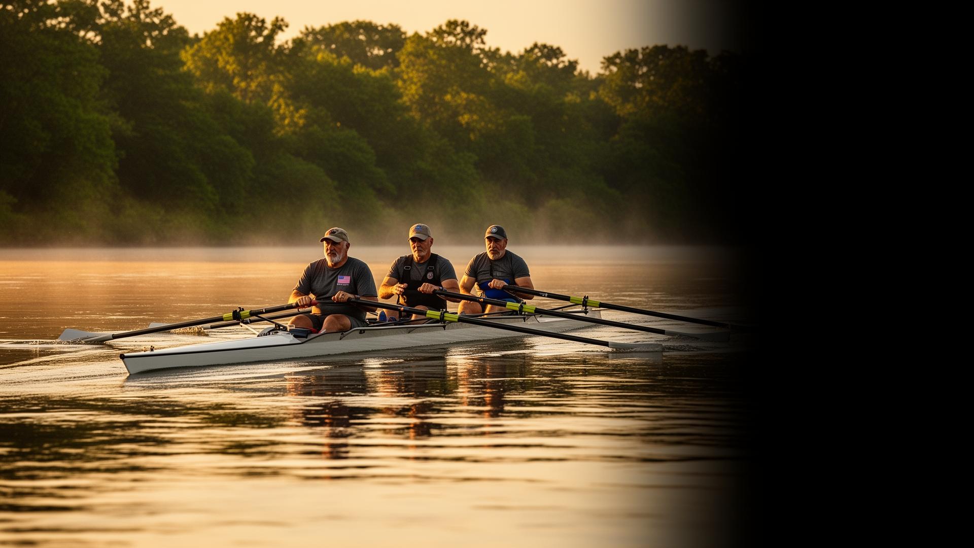 Veterans rowing together on a Southern Illinois river at sunrise